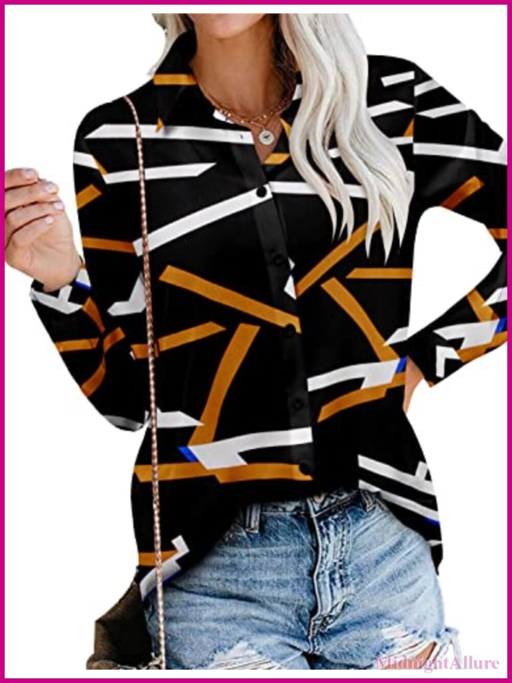 Women's Long Sleeve Button Down Shirt V-Neck Loose Fit Polyester